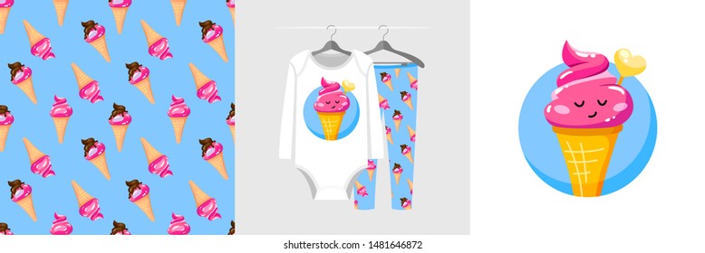 Seamless pattern and illustration for kid with ice cream cone. Cute design pajamas on hanger. Baby background for fashion clothes wear, room decor, t-shirt print, baby shower, wrapping