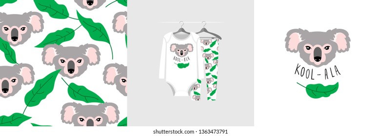 Seamless pattern and illustration for kid with koala, funny quote Kool-ala. Cute design on pajamas mockup. Baby background for clothes wear, room decor, t-shirt, baby shower invitation, wrapping