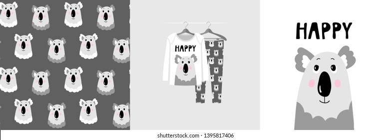 Seamless pattern and illustration for kid with koala, text Happy. Cute design on pajamas mockup. Baby background for clothes wear, room decor, t-shirt, baby shower invitation, wrapping