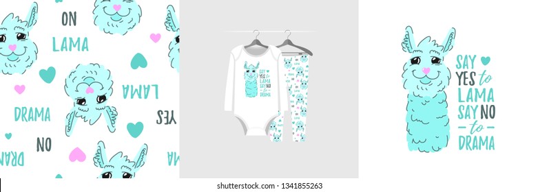 Seamless pattern and illustration for kid with lama, quote Say yes to lama. Cute design pajamas on hanger. Baby background for clothes wear fashion, room decor, t-shirt print, wrapping, baby shower