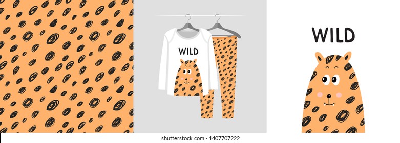 Seamless pattern and illustration for kid with leopard, text Wild. Cute design pajamas on hanger. Baby background for clothes, room birthday decor, t-shirt print, fashion, invitation card, wrapping