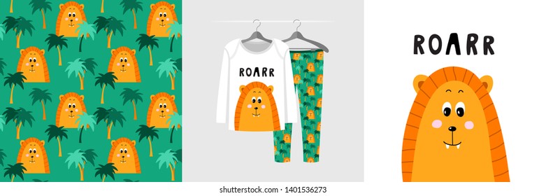 Seamless pattern and illustration for kid with lion, text Roar. Cute design pajamas on hanger. Baby background for clothes, room birthday decor, t-shirt print, wear fashion, invitation card, wrapping
