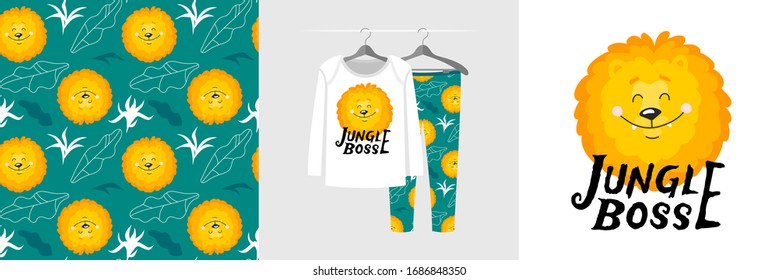 Seamless pattern and illustration for a kid with a lion, Jungle Boss text. Cute design pajamas on the hanger. Baby background for fashion clothes wear, room decor, t-shirt print, baby shower, wrapping