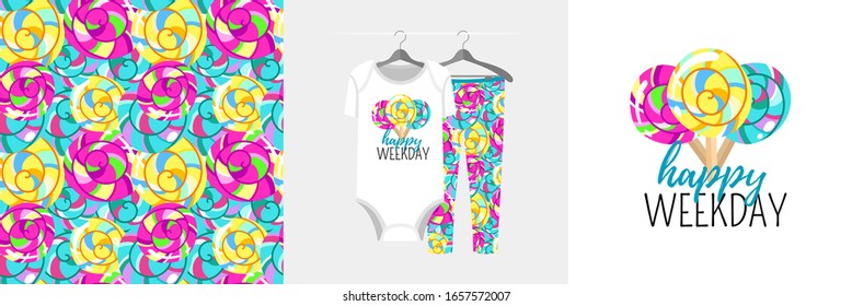 Seamless pattern and illustration for a kid with lollipop, Happy Weekday text. Cute design pajamas on the hanger. Baby background for fashion clothes wear, room decor, t-shirt, baby shower, wrapping
