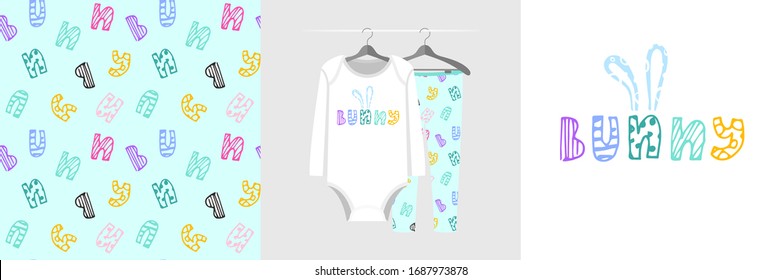 Seamless pattern and illustration for kid with mint inscription Bunny. Cute design pajamas on hanger. Baby background for clothes, room birthday decor, fashion t-shirt print, wrapping