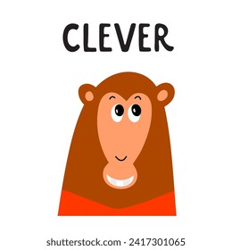 Seamless pattern and illustration for kid with monkey and text Clever. Cute design background, baby clothes, room birthday decor, t-shirt print, wear fashion, invitation card