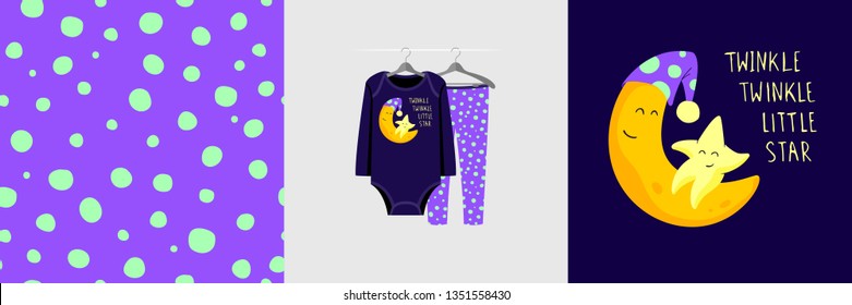 Seamless pattern and illustration for kid with moon, text Twinkle twinkle little star. Cute design pajamas on hanger. Baby background for fashion clothes, room decor, t-shirt, baby shower, wrapping