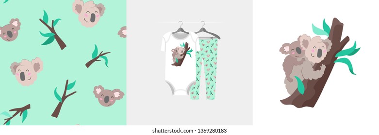 Seamless pattern and illustration for kid with mother and baby koala. Cute design on pajamas mockup. Sweet background for clothes wear, room decor, t-shirt, baby shower invitation, wrapping