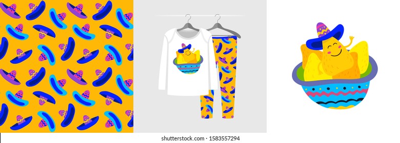 Seamless pattern and illustration for kid with Nachos Chips in sombrero. Cute design pajamas on hanger. Baby background for clothes, room birthday decor, t-shirt print, kids wear fashion, wrapping
