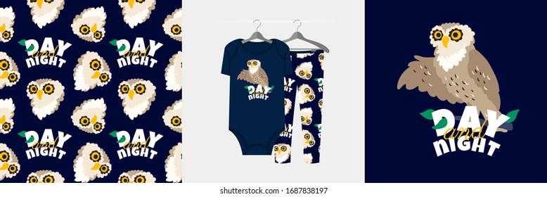 Diseño e ilustración sin inconvenientes para niños con búho, día y noche. Un pijama de diseño lindo en el colgador. Antecedentes para la ropa, decoración para el cumpleaños de la habitación, estampado en pantalones, ropa para niños, envoltura