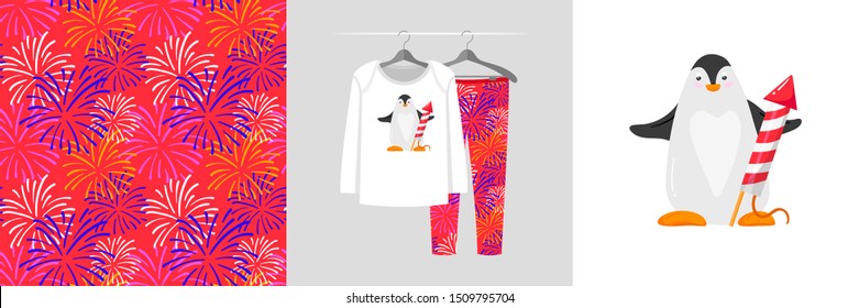 Seamless pattern and illustration for kid with penguin and fireckracker. Cute design on pajamas mockup. Baby background for clothes wear, room decor, t-shirt, baby shower invitation, wrapping