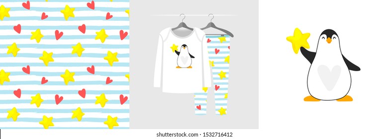 Seamless pattern and illustration for kid with penguin and star. Cute design on pajamas mockup. Baby background for clothes wear, room decor, t-shirt, baby shower invitation, wrapping