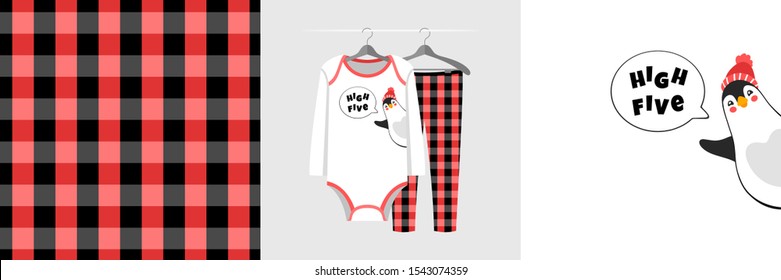 Seamless pattern and illustration for kid with penguin, text High five. Cute design on pajamas mockup. Baby background for clothes wear, room decor, t-shirt, baby shower invitation, wrapping