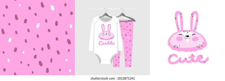 Seamless pattern and illustration for kid with pink rabbit. Cute design pajamas on hanger. Baby background for clothes, room birthday decor, fashion t-shirt print, wrapping
