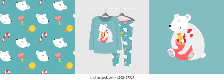 Seamless pattern and illustration for kid with polar bear and Christmas presents. Cute design pajamas on hanger. Baby background for fashion clothes wear, t-shirt print, baby shower decor, wrapping