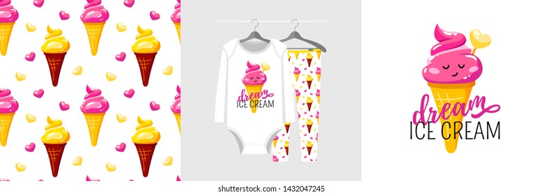 Seamless Pattern And Illustration For Kid With Popsicle, Text Dream Ice Cream. Cute Design Pajamas On Hanger. Baby Background For Fashion Clothes Wear, Room Decor, T-shirt Print, Baby Shower, Wrapping