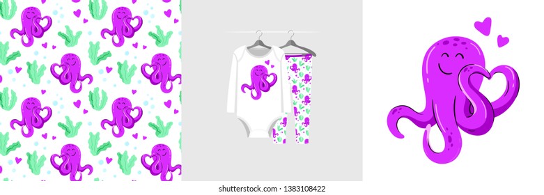Seamless pattern and illustration for kid with purple octopus. Cute design on pajamas mockup. Baby background for clothes wear, room birthday decor, t-shirt print, baby shower invitation, wrapping