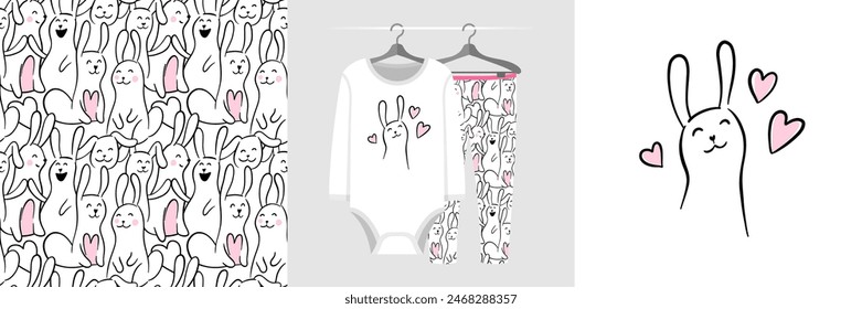 Patrón sin fisuras e ilustración para niño con conejo enamorado. Mejor Paquete de amigos. Lindo pijama de diseño. Fondo del bebé para la impresión de la camiseta de la moda, tarjeta de invitación de cumpleaños, envoltura