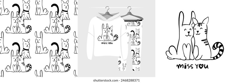 Seamless pattern and illustration for kid with rabbit and cat. Best friends bundle. Miss you text. Cute design pajamas. Baby background for fashion t-shirt print, birthday invitation card, wrapping