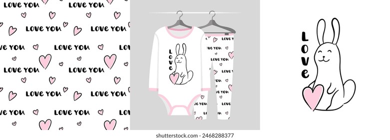 Seamless pattern and illustration for kid rabbit in love. Best friends bundle. Love text. Cute design pajamas. Baby background for fashion t-shirt print, birthday invitation card, wrapping