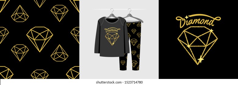 Seamless Pattern And Illustration For Kid With Shiny Diamond. Cute Design Pajamas On Hanger. Baby Background For Fashion Clothes Wear, Room Decor, T-shirt Print, Baby Shower, Wrapping