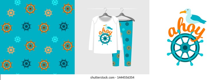 Seamless pattern and illustration for kid with ship steering, text Ahoy. Cute design pajamas on hanger. Baby background for fashion clothes wear, room decor, t-shirt print, baby shower, wrapping