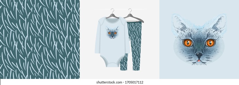 Seamless pattern and illustration for a kid with siamese kitten head. Cute design pajamas on the hanger. Baby background for clothes, room birthday decor, fashion t-shirt print, wrapping
