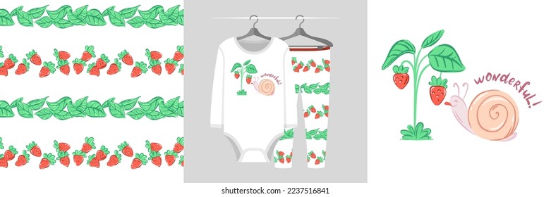 Seamless pattern and illustration for kid with the snail reaching for the strawberry bush, Wonderful! Cute design pajamas on hanger. Baby background for clothes, birthday decor, fashion t-shirt print