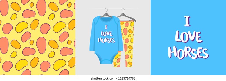 Seamless pattern and illustration for kid with spots and text I love horses. Cute design pajamas on hanger. Baby background for fashion clothes wear, room decor, t-shirt print, baby shower, wrapping