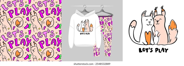 Seamless pattern and illustration for kid with squirrel and cat. Best friends bundle. Hug you text. Cute design pajamas. Baby background for fashion t-shirt print, birthday invitation card, wrapping