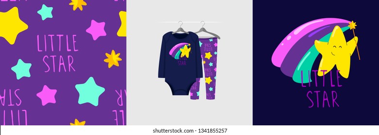 Seamless pattern and illustration for kid with star, text Little star. Cute design pajamas on hanger. Baby background for clothes wear fashion, room decor, t-shirt print, baby shower invitation