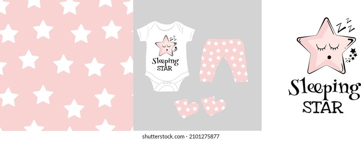 Seamless pattern and illustration for kid with stars, text sleeping star. Merch graphics for t-shirt . Baby background for clothes,  t-shirt print, kids wear fashion, wrapping paper. Pink stars.