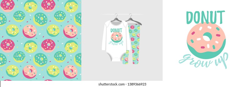 Seamless pattern and illustration for kid with sweet quote Donut grow up. Cute design pajamas on hanger. Baby background for clothes, birthday decor, t-shirt print, wear fashion, invitation card