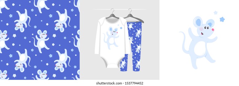 Seamless pattern and illustration for kid with sweet mouse. Cute design pajamas on hanger. Baby background for fashion clothes wear, room decor, t-shirt print, baby shower, wrapping