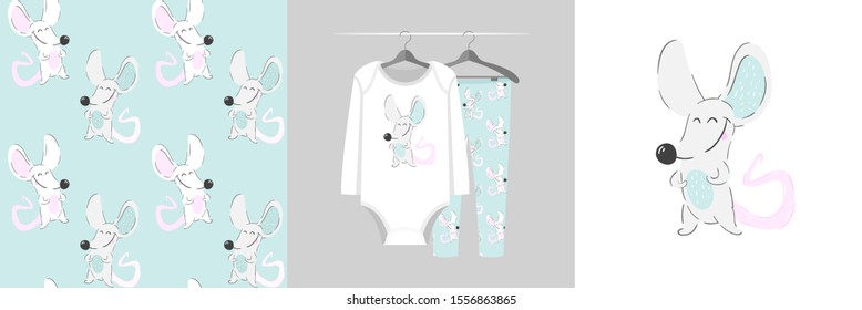 Seamless pattern and illustration for kid with sweet mouse. Cute design pajamas on hanger. Baby background for fashion clothes wear, room decor, t-shirt print, baby shower, wrapping