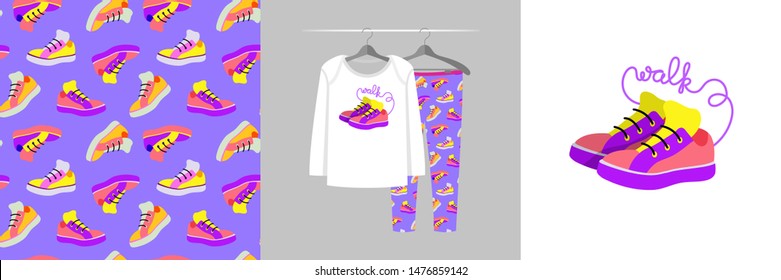 Seamless pattern and illustration for kid with teenage sneaker shoe. Cute design on pajamas mockup. Baby background for clothes wear, room decor, t-shirt, baby shower invitation, wrapping