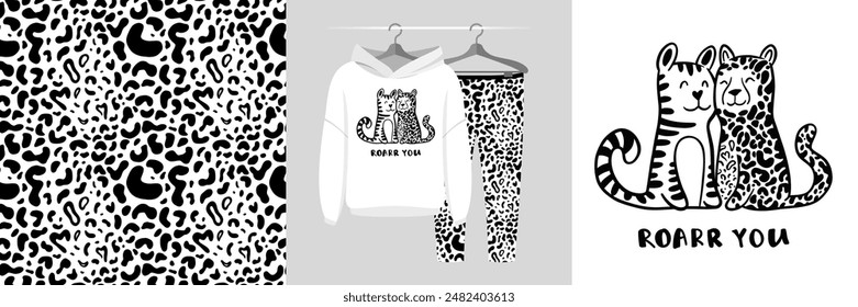 Seamless pattern and illustration for kid - tiger and leopard. Best friends bundle. Roarr you text. Cute design pajamas. Baby background for fashion t-shirt print, birthday invitation card, wrapping