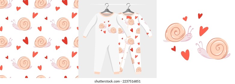 Seamless pattern and illustration for kid with two snails in love. Cute design pajamas on hanger. Baby background for clothes, birthday decor, fashion t-shirt print, invitation card, wrapping