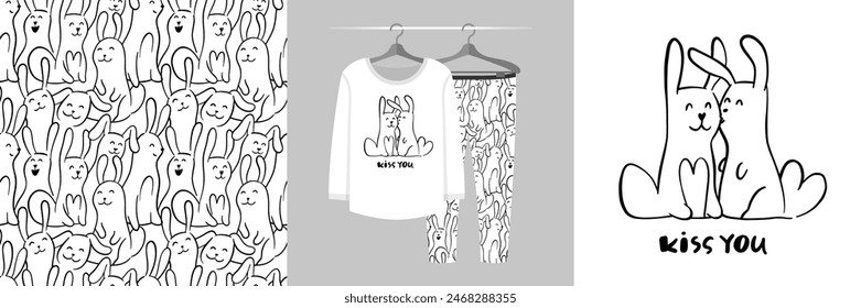 Seamless pattern and illustration for kid with two rabbits. Best friends bundle. Kiss you text. Cute design pajamas. Baby background for fashion t-shirt print, birthday invitation card, wrapping