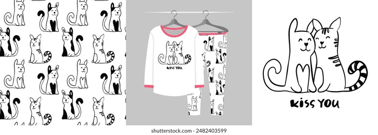 Seamless pattern and illustration for kid with two cats. Best friends bundle. Kiss you text. Cute design pajamas. Baby background for fashion t-shirt print, birthday invitation card, wrapping