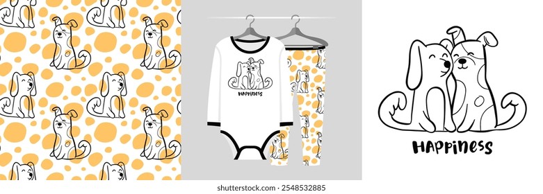 Patrón sin fisuras e ilustración para niño con dos perros. El mejor Paquete de amigos. Texto de felicidad. Pijama de diseño lindo. Fondo del bebé para la impresión de la camiseta de la moda, tarjeta de la invitación del cumpleaños, envoltura