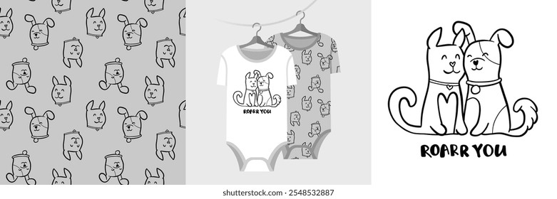 Patrón sin fisuras e ilustración para niño con dos perros. El mejor Paquete de amigos. Ruge tu mensaje. Pijama de diseño lindo. Fondo del bebé para la impresión de la camiseta de la moda, tarjeta de la invitación del cumpleaños, envoltura