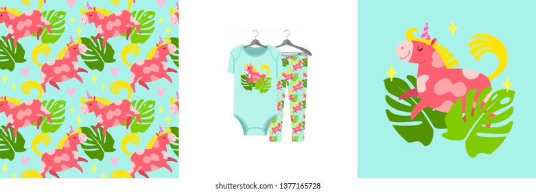 Seamless pattern and illustration for kid with unicorn and tropical leaves. Cute design on pajamas mockup. Baby background for clothes wear, room decor, t-shirt, baby shower invitation, wrapping