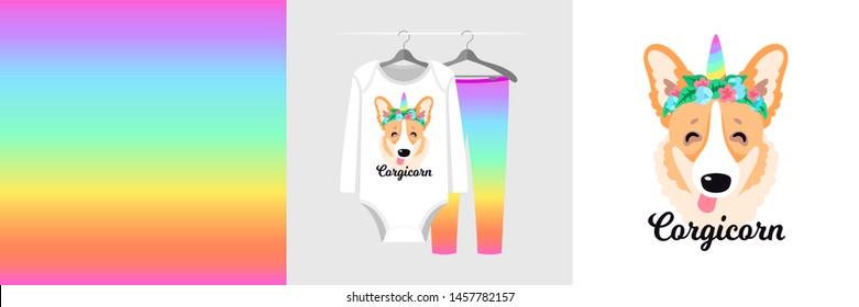 Seamless pattern and illustration for kid with unicorn corgi dog, text Corgicorn. Funny design pajamas on hanger. Baby background for fashion clothes, room decor, t-shirt print, baby shower, wrapping
