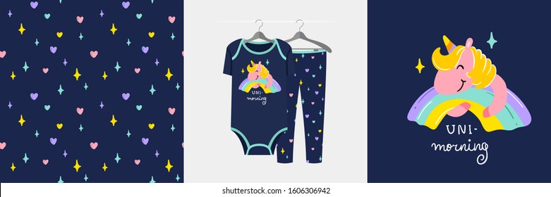 Seamless pattern and illustration for kid with unicorn, Uni - morning. Cute design pajamas, baby background for clothes, room birthday decor, t-shirt print, kids wear fashion, wrapping