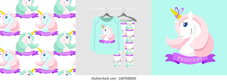 
Seamless pattern and illustration for kid with unicorn and Princess text. Cute design pajamas on hanger. Baby background for clothes, room birthday decor, fashion t-shirt print, wrapping