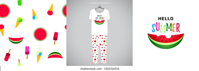 Seamless pattern and illustration for kid with watermelon and quote Hello summer. Cute design pajamas on hanger. Baby background for clothes, room birthday decor, t-shirt print, kids wear fashion
