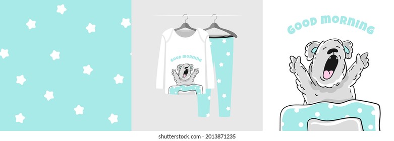 Seamless pattern and illustration with koala under the covers stretches and yawns. Cute design pajamas on the hanger. Baby background for clothes, room birthday decor, fashion t-shirt print, wrapping