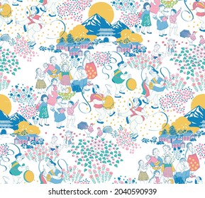 Seamless pattern illustration of Korean villagers enjoying traditional festival "Chooseok" in autumn. Traditional Korean festival "Thanksgiving" in the fall. 