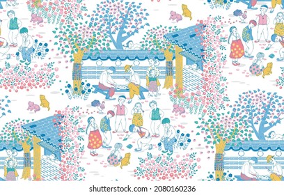 Seamless pattern illustration of Korean villagers enjoying traditional games in Korea. Design for Poster, card, picture frame, fabric, web design and print project	